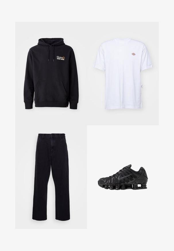 Schwarzer Hoodie aus Baumwollmischgewebe mit einer Vorderas pocket, gerippten Bündchen und einem gestickten Logo auf der linken Brust.; Weißes Baumwoll-T-Shirt mit V-Ausschnitt und kurzen Ärmeln. Besitzt ein kleines, buntes, gesticktes Logo auf der linken Brustseite. Weiches Material.; Schwarze Jeanshose mit geradem Bein, ausgestattet mit einem Knopf- und Reißverschluss, Gürtelschlaufen und minimalen Nähdetails.; Schwarze Sportschuhe aus Mesh- und synthetischen Materialien mit einem markanten wellenförmigen Design, schwarzer Gummisohle und reflektierenden Akzenten.