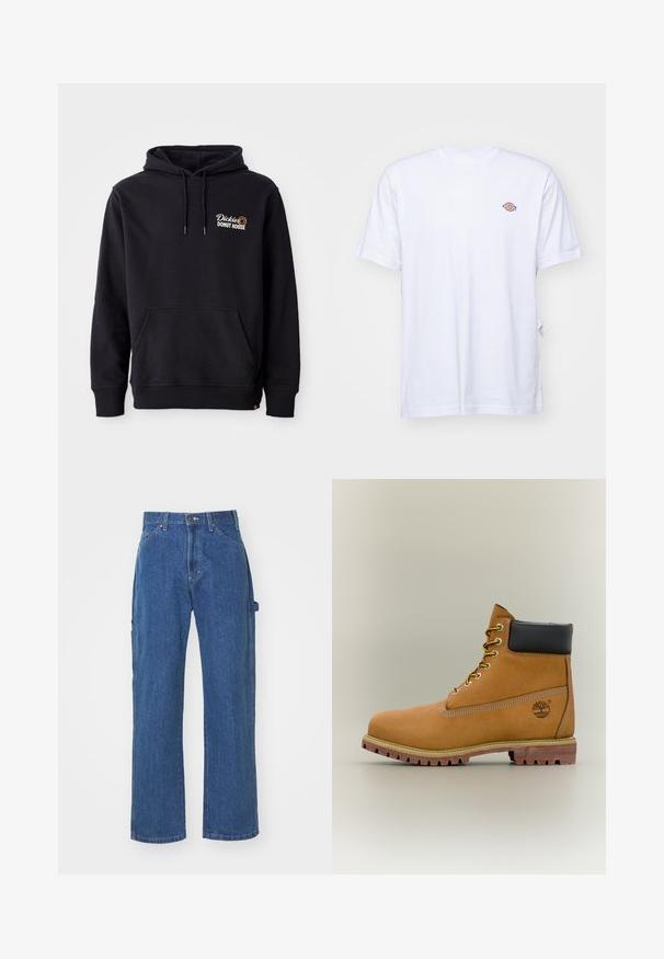 Sort hoodie lavet af bomuldsblandingsstof, med en lomme foran, ribbede manchetter og et broderet logo på venstre bryst.; Hvid bomulds t-shirt med v-hals og korte ærmer. Har et lille farverigt broderet logo på venstre bryst. Blød tekstur.; Blå denimjeans i en afslappet pasform med lige ben, har for- og baglommer samt knaplukning i taljen.; Brun læderankelstøvle med sort krave, gule snørebånd og tanfarvet sål. Har logo og hvide syninger som detalje. Robust ydersål med greb.