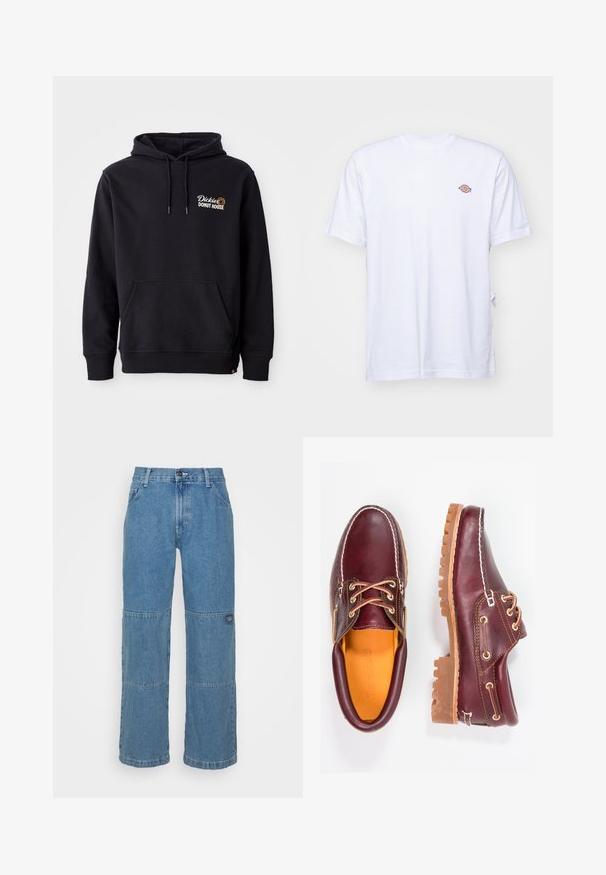 Sort hoodie lavet af bomuldsblandingsstof, med en lomme foran, ribbede manchetter og et broderet logo på venstre bryst.; Hvid bomulds t-shirt med v-hals og korte ærmer. Har et lille farverigt broderet logo på venstre bryst. Blød tekstur.; Lysblå denim jeans med en afslappet pasform, der har patchwork-paneler, knaplukning i toppen, fem-lomme design og subtil branding på benet.; Bordeaux lædersko med brune gummisåler, rund tå, hvid syning og gyldne snøringer. Indersiden har et gult for.