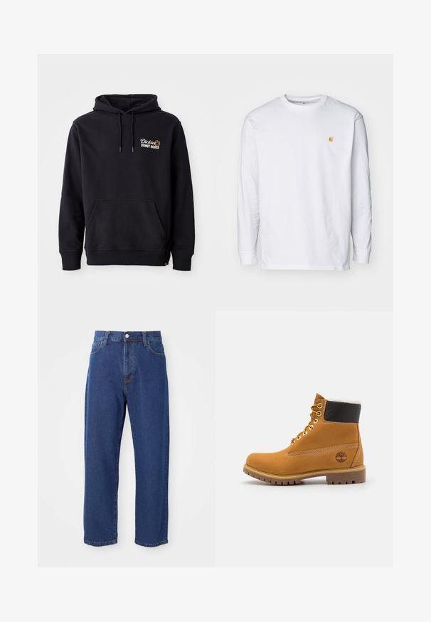 Schwarzer Hoodie aus Baumwollmischgewebe mit einer Vorderas pocket, gerippten Bündchen und einem gestickten Logo auf der linken Brust.; Weißes Langarm-T-Shirt aus Baumwolle. Mit kleinem goldenem Logo auf der Brust und Rundhalsausschnitt. Einfaches Design und normale Passform.; Hoch taillierte blaue Jeans aus Denim, mit geradem Bein, sichtbaren Nähten und einem Frontknopfverschluss.; Braune Leder-Ankle-Boots mit Metallösen, weißem Kunstfellfutter, schwarzem gepolstertem Kragen, robustem Sohlenprofil und geprägtem Logo an der Seite.