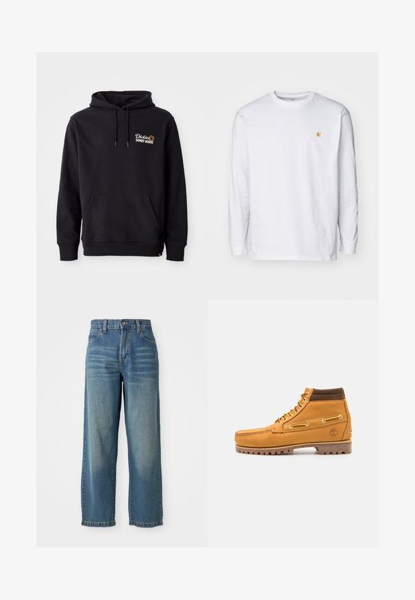 Sudadera negra de tejido de mezcla de algodón, con un bolsillo frontal, puños acanalados y un logo bordado en el lado izquierdo del pecho.; Camiseta de manga larga blanca de algodón. Cuenta con un pequeño logo dorado en el pecho y un cuello redondo. Diseño simple y corte estándar.; Jeans de mezclilla ancha de color azul claro con una cintura alta, cinco bolsillos y un acabado ligeramente desgastado. Cuenta con un cierre de botón y cremallera.; Timberland AUTHENTIC MID LACE BOOT - Botines con cordones - wheat