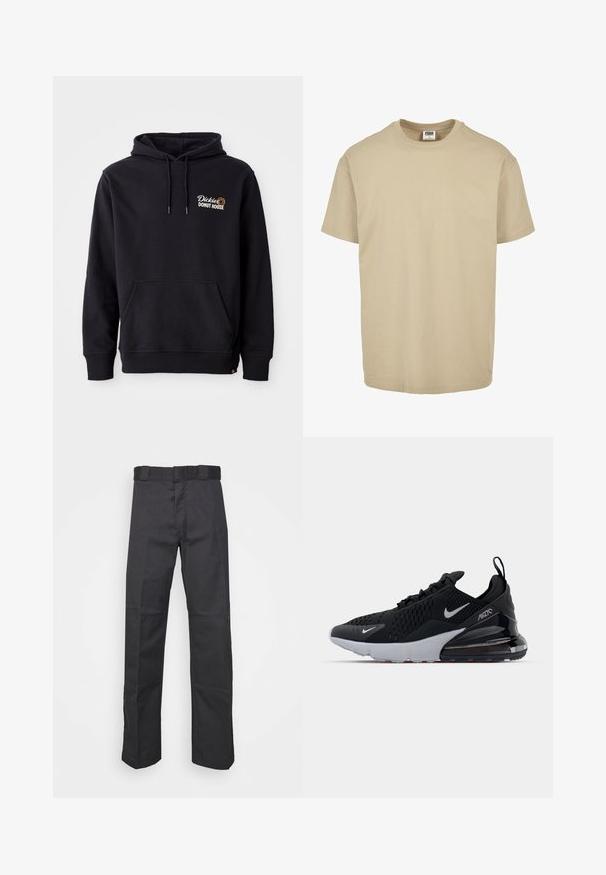 Zwarte hoodie van een katoenmix, met een voorzak, ribbelkanten manchetten en een geborduurd logo op de linkerborst.; Beige katoenen t-shirt met een ronde hals, korte mouwen en een rechte zoom. Glad textuur, eenvoudig ontwerp, zonder patronen of accenten.; Zwarte broek van duurzaam materiaal, met een rechte pijpdesign, een tailleband met riemlussen en naden voor extra textuur.; Zwarte sportieve schoen met bovenwerk van mesh, witte tussenzool en zichtbare luchtkussens in de hiel. Slank ontwerp met subtiele zilveren accenten.