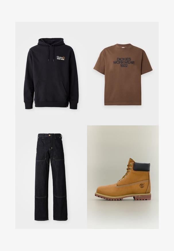 Mustat collegepaidat, jotka on valmistettu puuvillasekoitekankaasta. Niissä on etutasku, ribbitaskut ja brodeerattu logo vasemmassa rinnassa.; Ruskea lyhythihainen T-paita, jossa on musta teksti "DICKIES WORKWEAR 1922" rintamuksessa, esitetty valkoisella taustalla.; Tummansiniset farkut suoralinjaisella leikkauksella, joissa on keltaista tikkausta ja etutaskut. Kangas näyttää tukevasti kudotulta ja tekstuuriltaan.; Ruskeat nahkaiset nilkkurit, joissa musta kaulus, keltaiset nauhat ja vaalea pohja. Varustettu logolla ja valkoisilla sauman yksityiskohdilla. Kestävä, pitävä ulkopohja.