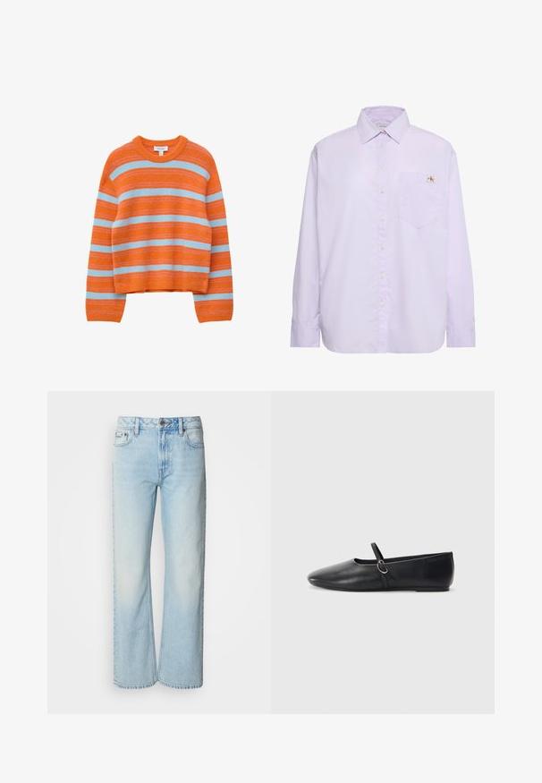 Pull en maille orange avec des rayures horizontales bleu clair et fines rayures roses, col rond et manches longues.; Chemise à manches longues mauve clair avec boutons, poche poitrine gauche et petite étiquette logo Calvin Klein au-dessus de la poche.; Jeans à jambes larges bleu clair en denim, présentant un design classique à cinq poches et une texture légèrement décolorée. La couture en denim est visible.; Ballerines noires en cuir avec un bout pointu, une semelle plate et une petite sangle avec un détail de boucle en argent.