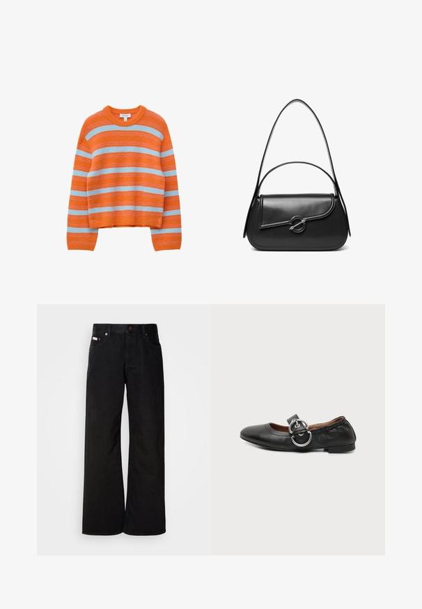 Pull en maille orange avec des rayures horizontales bleu clair et fines rayures roses, col rond et manches longues.; Jean large noir en coton. Présente des poches avant, une fermeture à bouton, et une texture denim classique. Design minimaliste sans motifs.; Chaussure plate en cuir noir avec un bout arrondi et une large bride avec boucle double anneau argentée sur le dessus.; Sac à bandoulière en cuir noir avec un rabat incurvé fermé par un fermoir métallique rond et une sangle fine et ajustable.