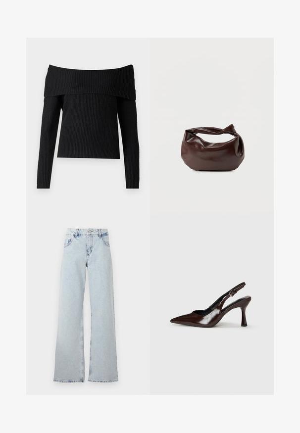 ONLY ONLMELTON LIFE OFF SHOULDER - Pullover - black; Jeans large bleu clair en denim, avec une taille haute, des passants de ceinture, cinq poches et des zones décolorées pour un aspect vintage.; Talons slingback en cuir verni brun avec un bout pointu, un talon fin, et une sangle réglable avec une petite boucle.; Sac bandoulière en cuir marron foncé avec une forme souple et décontractée et une anse nouée torsadée sur un fond blanc uni.