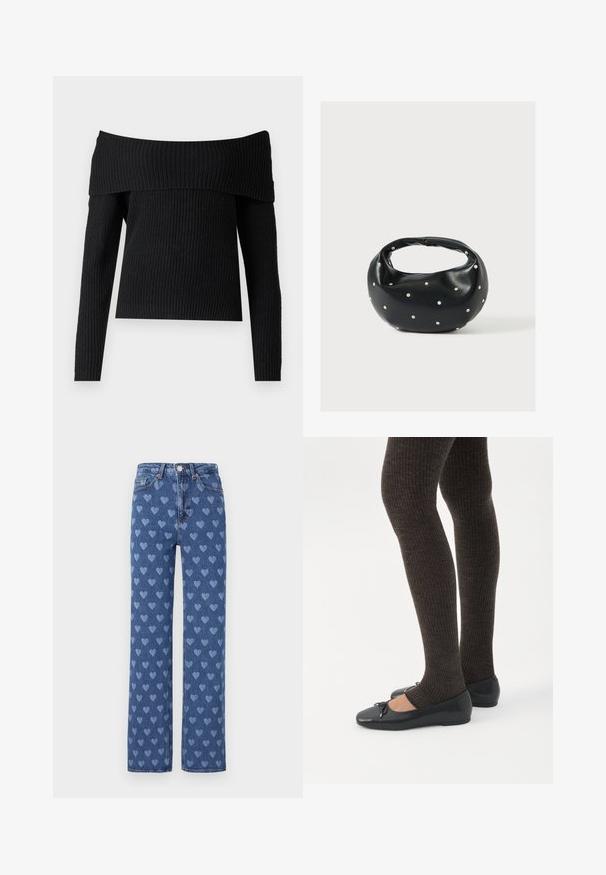 ONLY ONLMELTON LIFE OFF SHOULDER - Pullover - black; Jean en denim bleu avec une coupe droite, présentant un motif de cœurs bleu clair répété, des boutons en cuivre et un design traditionnel à cinq poches.; Jambes portant des leggings côtelés foncés associés à des ballerines noires avec de petits détails en nœud sur fond blanc.; Sac à main en cuir noir de forme arrondie, décoré de clous argentés et équipé d'une poignée courte. Texture lisse et fermeture éclair.