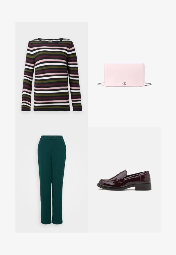 Pull à manches longues rayé en marine, bordeaux, vert, rose et blanc. Texture côtelée avec un col rond et des manches ajustées.; Pantalons taille haute verts avec un design à jambes droites, fabriqués en tissu lisse, comportant des poches avant et une taille discrète.; Mocassins en cuir verni bordeaux avec un petit talon bloc, présentant des coutures traditionnelles et un accent de sangle sur le devant.; Pochette rectangulaire en cuir rose clair avec chaîne argentée et petit logo CK argenté au centre de l'avant.