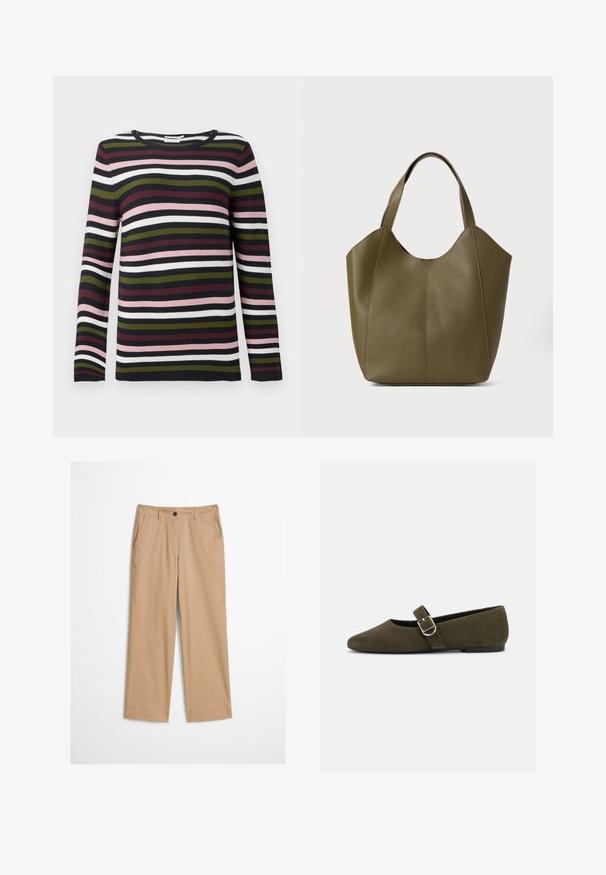 Pull à manches longues rayé en marine, bordeaux, vert, rose et blanc. Texture côtelée avec un col rond et des manches ajustées.; Pantalon beige en coton avec jambes droites, fermeture à bouton sur le devant et texture lisse. Comprend des passants de ceinture standard et un design à l'avant plat.; Chaussure plate Mary Jane en daim vert olive avec bride à boucle argentée et bout arrondi, présentée sur fond blanc.; Sac fourre-tout en cuir vert olive avec double poignée, texture lisse et design à quatre panneaux. Coutures renforcées le long des joints pour plus de durabilité.