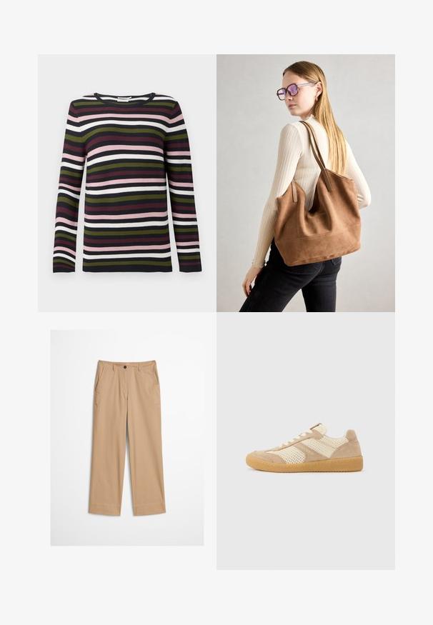 Pull à manches longues rayé en marine, bordeaux, vert, rose et blanc. Texture côtelée avec un col rond et des manches ajustées.; Pantalon beige en coton avec jambes droites, fermeture à bouton sur le devant et texture lisse. Comprend des passants de ceinture standard et un design à l'avant plat.; Baskets basses beige et crème avec des panneaux en maille et en suède, des lacets blancs et une semelle en caoutchouc gomme, vues de côté sur un fond uni.; Sac fourre-tout en daim marron avec une texture douce, grande ouverture et longues sangles. Présente un design simple avec des coutures visibles et sans matériel.