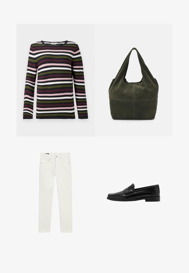 Stribet langærmet sweater i marineblå, burgundy, grøn, lyserød og hvid. Ribbet tekstur med rund halsudskæring og tætsiddende ærmer.; Hvide denimjeans med tætsiddende pasform, fem lommer og metal hardware. Glat tekstur med et rent, enkelt design.; Mango Loafers - black; Mørkegrøn ruskinds tote taske med et afslappet design, som har brede, bløde håndtag og en glat tekstur. Minimalistisk konstruktion uden synligt hardware.