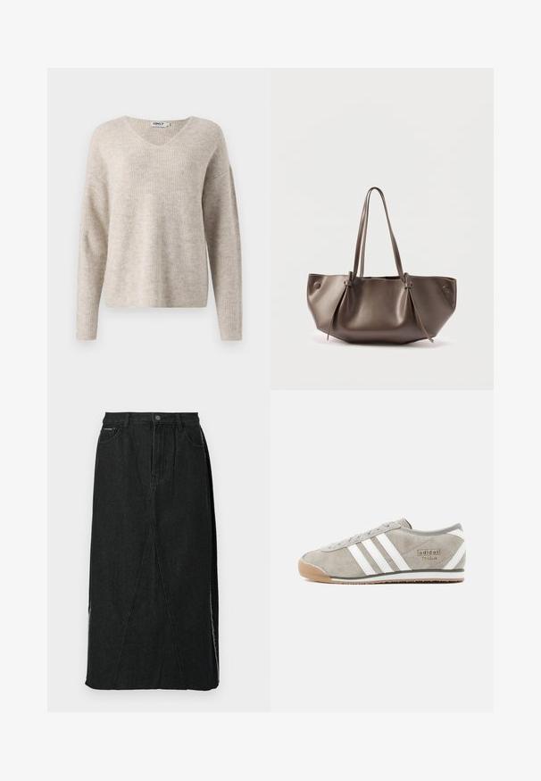 Suéter de punto beige con escote en V, mangas largas y corte relajado. Presenta un patrón acanalado texturizado. Etiqueta de la marca visible en el interior del escote.; Falda de mezclilla negra con cintura alta, corte recto y costuras inclinadas únicas. Presenta aberturas laterales y un cierre de botones en la cinturilla.; Zapatilla de ante gris con tres rayas blancas, puntera redondeada, suela de goma de color caramelo y pequeño detalle de la marca en el lateral.; Bolso tote de cuero marrón con asas largas y detalles anudados sobre un fondo liso y claro.