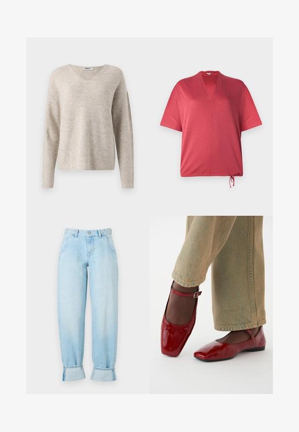 Beige striktrøje med V-hals, lange ærmer og en afslappet pasform. Har et struktureret ribbet mønster. Brandlabel synlig inden i halsudskæringen.; Rød, kortærmet top med V-hals og snoretræk i kanten. Lavet af et blødt materiale, med en afslappet pasform og minimale sømme.; Lyseblå denim jeans med høj talje, flettet taljebånd, løs pasform og oprollede manchetter ved kanten. Har forlommer.; Røde patentlæder sko med firkantet tå, lav hæl og ankelrem, parret med lysegrønne vide bukser. Glat tekstur, reflekterende overflade.