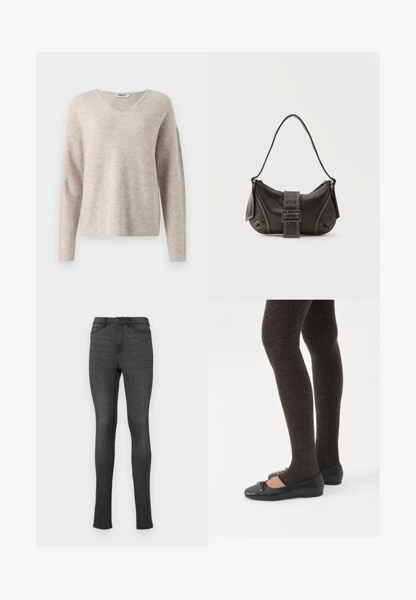 Pull en maille beige avec un décolleté en V, des manches longues et une coupe décontractée. Présente un motif texturé en côtes. Étiquette de la marque visible à l'intérieur du col.; Jean skinny en denim gris foncé, avec une taille haute, des passants de ceinture et une fermeture à un bouton. Pas de déchirures ni de motifs visibles.; Jambes portant des leggings côtelés foncés associés à des ballerines noires avec de petits détails en nœud sur fond blanc.; Sac à épaule en cuir noir avec une sangle à boucle, des bords arrondis et des coutures blanches contrastées sur un fond uni.