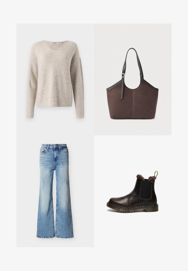 Beige striktrøje med V-hals, lange ærmer og en afslappet pasform. Har et struktureret ribbet mønster. Brandlabel synlig inden i halsudskæringen.; Lyseblå, høj talje, denimbukser med vide ben, falmede vaskedetaljer, frontknap og fem-lomme design.; Brune læder Chelsea støvle med elastiske sidepaneler, kunstigt pelskant, gul syning og en rillet gummisål.; Brun tote-taske med sorte justerbare skulderstropper og sølvspænde, glat tekstur, enkelt og struktureret design på en ensfarvet baggrund.