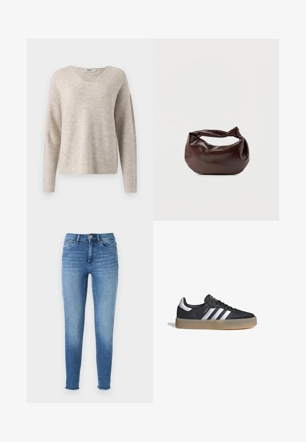 Suéter de punto beige con escote en V, mangas largas y corte relajado. Presenta un patrón acanalado texturizado. Etiqueta de la marca visible en el interior del escote.; Jeans skinny azul claro con un lavado descolorido, fabricados en denim. Presentan cuatro bolsillos, lazos para el cinturón y dobladillos deshilachados en los tobillos.; Zapatilla deportiva de cuero negro con tres rayas plateadas, punta texturizada y suela de goma. Cuenta con un collar acolchado y un diseño con cordones.; Bolso de hombro de cuero marrón oscuro con una forma suave y caída, y un asa con nudo torcido sobre un fondo blanco liso.