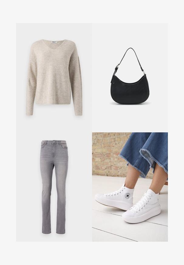 Pull en maille beige avec un décolleté en V, des manches longues et une coupe décontractée. Présente un motif texturé en côtes. Étiquette de la marque visible à l'intérieur du col.; Jean en denim gris avec une coupe droite, un design à cinq poches et une fermeture classique par bouton et zip. Texture lisse avec un léger délavage.; Personne portant des baskets Converse blanches montantes avec des semelles épaisses et un jean bleu court à ourlet effiloché, contre un mur en briques et un sol blanc.; Sac hobo noir en cuir lisse avec une silhouette arrondie, doté d'une seule sangle ajustable et de détails de design minimalistes.