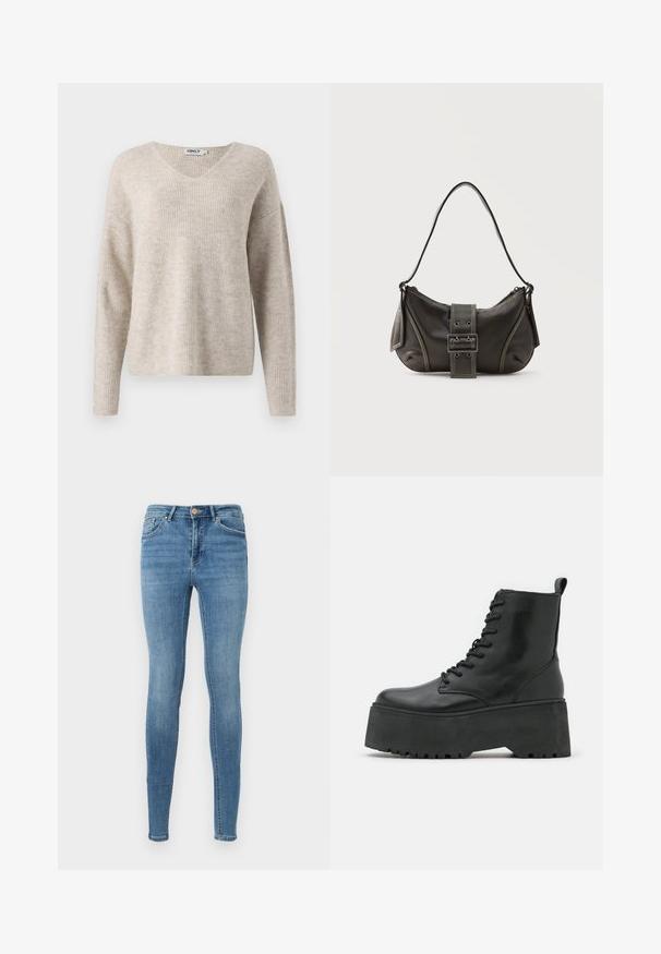 Beige gebreide trui met een V-hals, lange mouwen en een relaxte pasvorm. Kenmerkt zich door een gestructureerd ribpatroon. Merklabel zichtbaar binnen de halslijn.; Blauwe high waist skinny jeans met voorzakken, riemlussen, knoopsluiting en subtiele vervaging op de dijen en knieën.; Zwarte enkelboots met een stevige plateauzool, gemaakt van glad leer, met een vetersluiting en een lipje aan de achterkant.; Zwarte leren schoudertas met gespsluiting aan de riem, afgeronde hoeken en contrasterende witte stiksels op een effen achtergrond.