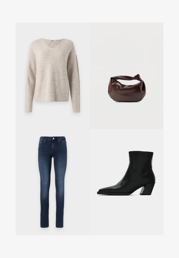 Suéter de punto beige con escote en V, mangas largas y corte relajado. Presenta un patrón acanalado texturizado. Etiqueta de la marca visible en el interior del escote.; Jeans skinny azul oscuro de mezclilla, con un clásico diseño de cinco bolsillos, cierre de botón y un ligero desgaste en los muslos.; Bota de tobillo de cuero negro con punta afilada, una silueta elegante y un tacón cuadrado grueso. Textura suave con detalles de costura mínimos.; Bolso de hombro de cuero marrón oscuro con una forma suave y caída, y un asa con nudo torcido sobre un fondo blanco liso.