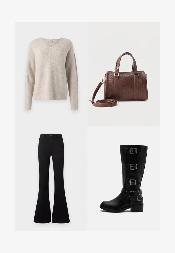Pull en maille beige avec un décolleté en V, des manches longues et une coupe décontractée. Présente un motif texturé en côtes. Étiquette de la marque visible à l'intérieur du col.; Jeans noirs taille haute flare avec bouton sur le devant et poches, présentés sur fond blanc.; Botte en cuir noire mi-mollet avec quatre boucles métalliques réglables et un petit talon bloc sur fond blanc.; Sac à main en cuir tressé marron foncé avec poignées jumelles tressées, ferrures dorées et bandoulière amovible enroulée à l'avant.