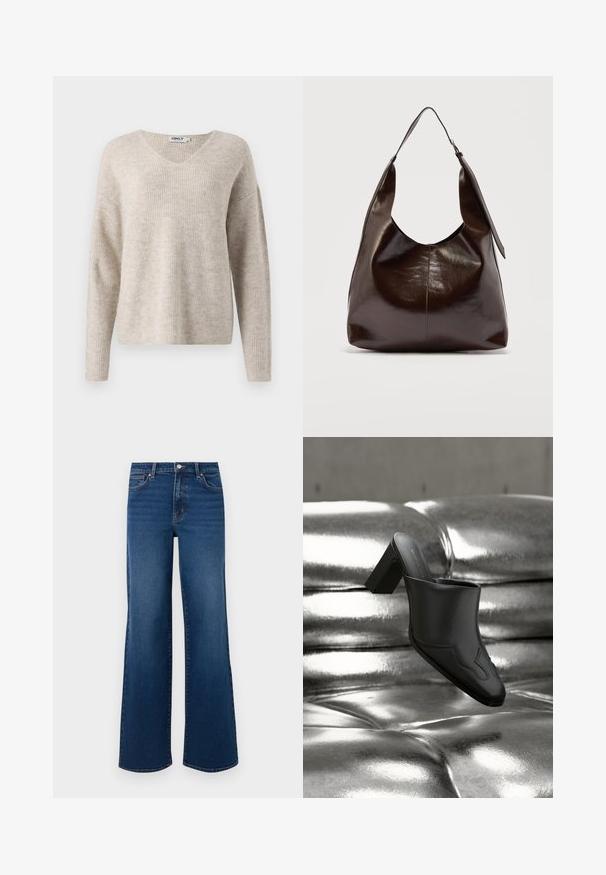 Beige striktrøje med V-hals, lange ærmer og en afslappet pasform. Har et struktureret ribbet mønster. Brandlabel synlig inden i halsudskæringen.; Vidde ben denim jeans i mørkeblå med en tekstureret overflade, der har en knaplukning, fem lomme-design og lige kant.; Sort lædermule med blokhæl hvilende på en skinnende sølvpolstret overflade, der fremhæver dens elegante design og buede detaljer.; Mørkebrunt, skinnende læder skuldertaske med en enkelt bred rem og spændedetalje på den ene side, sat mod en ensartet lys baggrund.