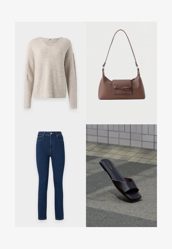 Beige striktrøje med V-hals, lange ærmer og en afslappet pasform. Har et struktureret ribbet mønster. Brandlabel synlig inden i halsudskæringen.; Mørkeblå denim jeans med høj talje, lige snit, forlommer og kontrastfarvet orange syninger langs sømmene. Ren, minimalistisk design.; Mørkebrun sandal med åben tå, firkantet tå og bred rem, hvilende på grå asfalt nær flisebelagt fortov.; Brun skuldertaske i læder med en frontlomme med klap, der har en sydd sløjfedetalje, og en justerbar rem.
