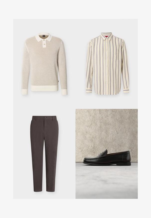 Pull polo beige en maille texturée à manches longues avec col blanc, deux boutons, poignets et ourlet côtelés.; Chemise à manches longues avec boutons, rayures verticales beige, blanches et jaune clair, et une poche poitrine unique sur un fond uni.; Pantalon slim fit marron foncé avec passants de ceinture, fermeture devant avec bouton et zip, présenté sur un fond blanc uni.; Mocassin penny en cuir noir avec talon bas, bout arrondi et détails cousus à l'avant et sur les côtés, présenté sur un fond neutre.