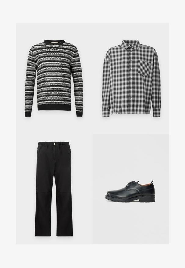 Pull rayé noir et blanc avec un col rond et des manches longues. Présente un motif texturé sur l'ensemble et des poignets et une taille côtelés.; Chemise à manches longues à carreaux noir et blanc en tissu doux, présentant un devant à boutons et une poche poitrine. Conception à col avec coupe décontractée.; Pantalons noirs en coton avec une taille élastique, présentant une coupe droite, une texture lisse et sans accents ni motifs visibles.; Chaussures derby en cuir noir avec une texture lisse, bout rond, design à lacets et une semelle en caoutchouc épaisse et robuste.