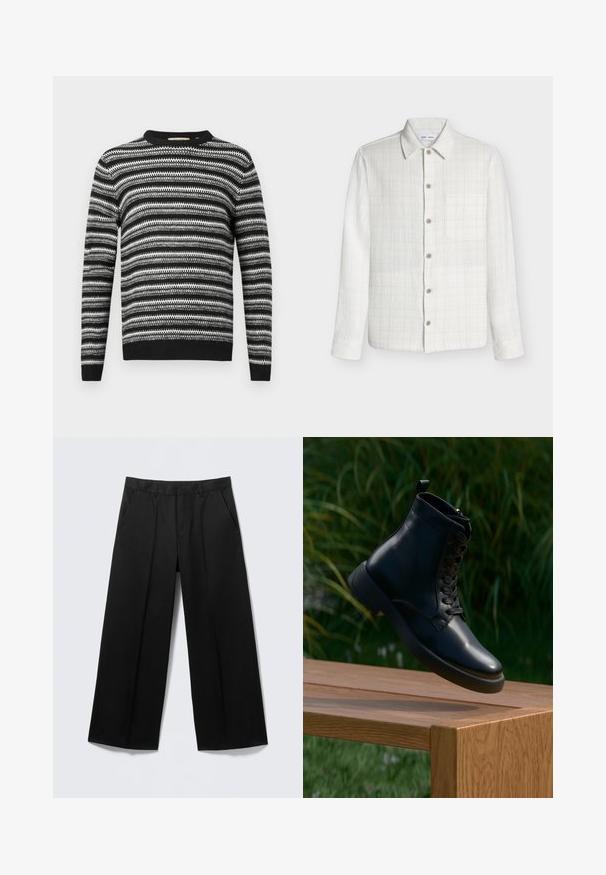 Suéter a rayas en blanco y negro con escote redondo y mangas largas. Presenta un patrón texturizado en toda la prenda y puños y cinturilla de canalé.; Camisa blanca texturizada de manga larga con botones, cuello y un único bolsillo en el pecho, completamente abotonada al frente.; Pantalones negros de pierna ancha con trabillas para cinturón, bolsillos delanteros y cierre de cremallera, exhibidos sobre un fondo gris claro.; Botín de cuero negro hasta el tobillo con acabado suave, punta redonda y diseño de cordones. Cuenta con una suela resistente y una pequeña pestaña en la parte trasera.