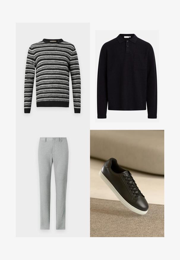Stribet sort og hvid sweater med rund halsudskæring og lange ærmer. Har et tekstureret mønster overalt samt ribbede manchetter og linning.; Langærmet sort polo med tekstureret zigzag-mønster, to-knaps lukning og en lomme på venstre bryst. Fremstillet af blødt materiale.; Lys grå habitbukser med et vertikalt stribet mønster, skræddersyet pasform, knaplukning og bæltesløjfer. Glat stofstruktur, ingen lommer.; Sort lædersneaker med hvid gummisål og sorte snørebånd, placeret mod en beige stofoverflade og baggrund.