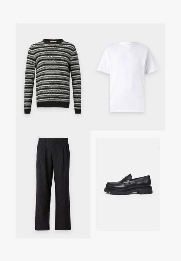 Pull rayé noir et blanc avec un col rond et des manches longues. Présente un motif texturé sur l'ensemble et des poignets et une taille côtelés.; T-shirt blanc à manches courtes en coton avec un col rond, présentant une texture lisse et un design simple, sans motifs ni accents.; Jack & Jones JPSTBILL JJDAYTONA WIDE CHINO - Chino - black; Mocassin en cuir noir avec semelle épaisse crantée et détail de bride penny, présenté en profil droit sur fond blanc.