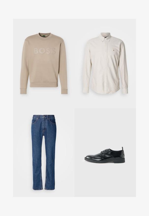 Sweatshirt beige à col rond avec manches longues et poignets, ainsi que ourlet côtelés, embossé du logo "BOSS" sur la poitrine.; Chemise beige clair à manches longues avec boutons et col pointu, ornée d'un petit logo brodé. Tissu doux avec une texture lisse et ourlet droit.; Jean en denim bleu avec une coupe droite, un design à cinq poches et des coutures claires. Comprend une braguette zippée et une fermeture à bouton à l'avant.; Chaussure habillée en cuir noir brillant avec un petit talon, fermeture à lacets et bout rond, vue de côté sur un fond uni et clair.