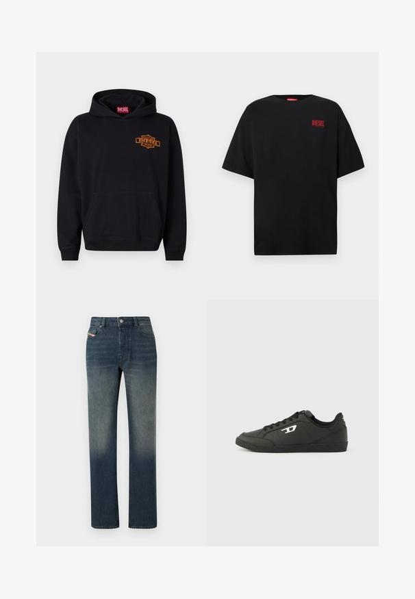 Sudadera negra de algodón con un bolsillo tipo canguro en la parte frontal. Presenta un logo bordado en naranja de "DIESEL" en el pecho y puños acanalados.; Camiseta negra de algodón, con mangas cortas, cuello redondo y un logo rojo de "DIESEL" en la zona izquierda del pecho.; Vaqueros de mezclilla azul de pierna recta con lavado desvanecido, cierre frontal con botón y cremallera, y diseño de cinco bolsillos.; Zapatillas deportivas negras sintéticas con suela negra texturizada, puntera redonda y cordones planos negros. Destaca un logo blanco en el lateral exterior.