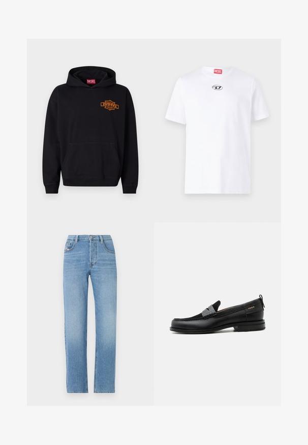 Sudadera negra de algodón con un bolsillo tipo canguro en la parte frontal. Presenta un logo bordado en naranja de "DIESEL" en el pecho y puños acanalados.; Camiseta de algodón blanca con mangas cortas, que presenta un escote redondo y un parche del logo plateado de Diesel en el pecho. Diseño simple, color sólido.; Jeans de mezclilla azul claro con diseño de pierna recta, cierre de botón, estilo de cinco bolsillos y sutil textura desgastada. Silueta clásica de jeans.; Mocasín de cuero negro con detalle de tira gris, tacón bajo y suela texturizada, con la marca "HUGO" en oro en el lateral.