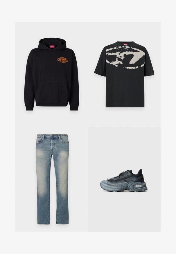 Schwarzer Hoodie aus Baumwolle mit einer vorderen Kängurutasche. Verfügt über ein orangefarbenes, gesticktes "DIESEL"-Logo auf der Brust und gerippte Bündchen.; Schwarzes T-Shirt mit einem großen, abstrakten hellgrauen Grafik auf der Vorderseite. Mit kurzen Ärmeln und einem klassischen, runden Halsausschnitt. Aus Baumwolle.; Hellblaue Jeans aus Denim mit geradem Bein, ausgewaschenen Bereichen, fünf Taschen und Knopfverschluss. Das Material zeigt leichte Abnutzungs- und Verschleißspuren.; Schwarz- und graue Diesel-Sneaker mit dicker Sohle, Schnürverschluss und strukturiertem Design auf einem schlichten hellgrauen Hintergrund.