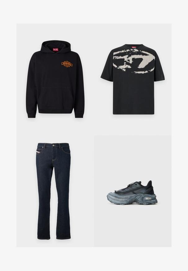 Sort hættebluse lavet af bomuld med en frontkangaroo lomme. Har et orange broderet "DIESEL" logo på brystet og ribbede manchetter.; Sort t-shirt med et stort, abstrakt lys grå grafik foran. Korte ærmer og en klassisk rund halsudskæring. Materialet er bomuld.; Marineblå denim jeans med lige snit, der har orange syninger, en metalknaplukning og et lille logo på baglommen.; Sort og grå Diesel sneakers med tyk sål, snørrebåndslukning og tekstureret design på en ensfarvet lysegrå baggrund.