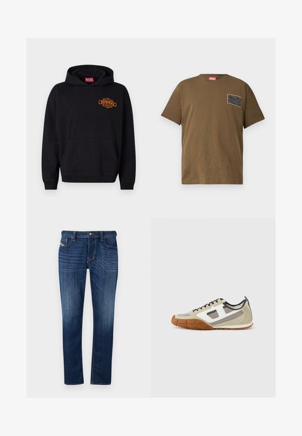 Sort hættebluse lavet af bomuld med en frontkangaroo lomme. Har et orange broderet "DIESEL" logo på brystet og ribbede manchetter.; Brun bomulds T-shirt med rund hals, der har et sort grafikmærke på venstre bryst. Kortærmet og med lige nederkant.; Mørkeblå denim jeans med lige pasform, udstyret med fem lomme-designet, synlige syninger og en metalknaplukning i taljen.; Athletiske sneakers med beige overdel med grå og hvide accenter, tekstureret ruskind og mønstret gummisål. Brune skosnørebånd og en trækflig medfølger.