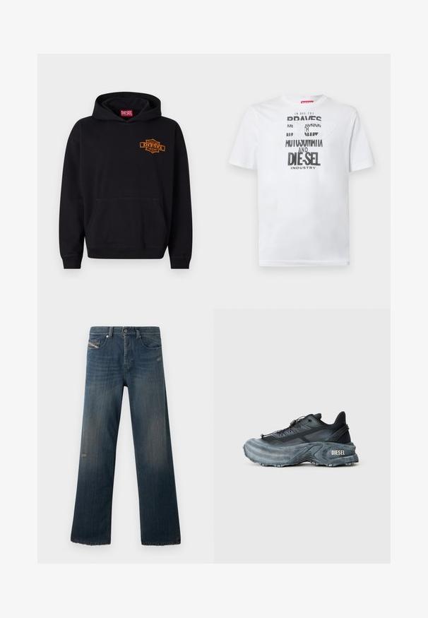 Schwarzer Hoodie aus Baumwolle mit einer vorderen Kängurutasche. Verfügt über ein orangefarbenes, gesticktes "DIESEL"-Logo auf der Brust und gerippte Bündchen.; Weißes Baumwoll-T-Shirt mit fetter schwarzer Typografie und den Worten "BRAVES" und "DIE-SEL INDUSTRY" sowie einem halbtransparenten Cutout-Design.; Blaue Jeans aus Denim mit einem geraden Bein, verblasster Textur, fransigem Saum und abgenutzten Details an der vorderen Tasche und im Oberschenkelbereich.; Schwarz- und graue Diesel-Sneaker mit dicker Sohle, Schnürverschluss und strukturiertem Design auf einem schlichten hellgrauen Hintergrund.