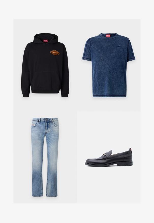 Musta collegepaita, joka on valmistettu puuvillasta ja jossa on edessä kengurupocket. Paidassa on oranssi brodeerattu "DIESEL" -logo rinnassa ja resorit hihansuissa.; T-paita tummansinisestä denimmateriaalista, lyhyillä hihoilla, pyöreällä kaula-aukolla ja huomaamattomalla logotietoisuudella. Reunoilla on kontrastiväriset ompeleet.; Vaaleansiniset farkut suoran lahkeen muotoilulla, joissa on etupockets, vetoketjukiinnitys ja hienostunut haalistuma kankaan pinnalla.; Musta nahkainen loafer, jossa on harmaa teksturoitu päällinen, hopeanvärinen metallisolki, matala korko ja vetolenkki takana.