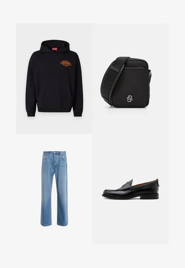 Schwarzer Hoodie aus Baumwolle mit einer vorderen Kängurutasche. Verfügt über ein orangefarbenes, gesticktes "DIESEL"-Logo auf der Brust und gerippte Bündchen.; Helle blaue Jeans im Geradeschnitt-Design, mit fünf Taschen, Knopfverschluss, minimaler Ausbleichung und kontrastierenden Nähdetails.; Schwarzer Leder-Herrenschuh mit Mokassinnaht, Penny-Riemen, strukturiertem Kragen und niedrigem gestapeltem Absatz auf weißem Hintergrund.; Schwarze Umhängetasche aus texturiertem Stoff mit einem Reißverschluss. Merkmale: ein Logo-Element und ein gemusterter verstellbarer Gurt. Kompakte quadratische Form.