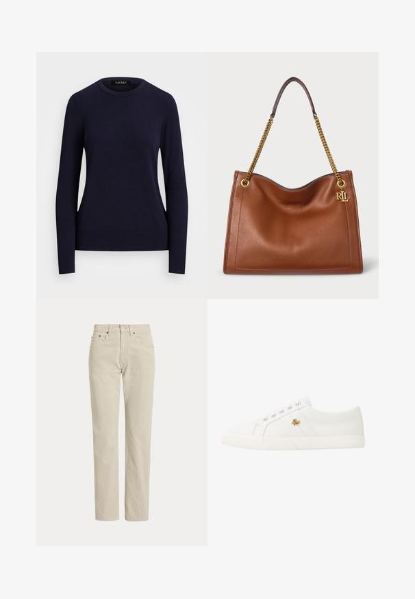 Marineblå strikket sweater med rund hals, lange ærmer, ribbede manchetter og kant, der har en glat tekstur og tætsiddende design.; Beige, lige-benede fløjlsbukser med bæltestropper, frontknap, lynlås og frontlommer.; Lauren Ralph Lauren JANSON II CANVAS SNEAKER - Sneakers - optic white; Brun lædertaske med et slouchy design, der har en guldkædesnor og et logo-accent. Glat tekstur og struktureret form.