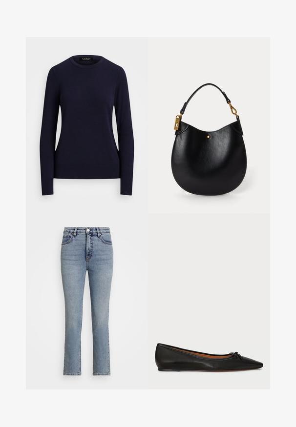 Navyblauwe gebreide trui met ronde hals, lange mouwen, geribbelde manchetten en zoom, met een gladde textuur en een aansluitend ontwerp.; Lichtblauwe denim jeans met een hoge taille, rechte pijpen en subtiele vervaging. Bevat een metalen knoop en contrasterende stiksels.; Zwarte leren balletschoenen met een spitse neus, slanke silhouet en een klein strikdetail aan de voorkant. Gladde textuur en minimalistisch ontwerp.; Zwarte leren handtas met een ronde vorm, korte handgreep, gouden hardware en een subtiele gouden stipaccent aan de voorkant. Glad van structuur.