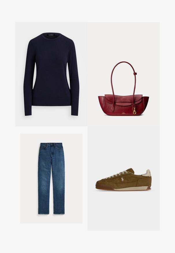 Navyblauwe gebreide trui met ronde hals, lange mouwen, geribbelde manchetten en zoom, met een gladde textuur en een aansluitend ontwerp.; Blauwe denim jeans met rechte pijpen, vijf zakken, knoopsluiting en subtiele vervaging op dijen en knieën, plat op een witte achtergrond gelegd.; Bruine suède sneaker met crèmekleurige veters, dikke zool en een klein wit geborduurd logo aan de zijkant.; Rode leren schoudertas met lange hengsels, klepafsluiting en klein goudkleurig slotje aan de voorkant.