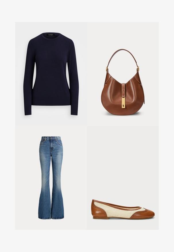 Marineblå strikket sweater med rund hals, lange ærmer, ribbede manchetter og kant, der har en glat tekstur og tætsiddende design.; Højtaljede blå jeans i denim med klokkeformede ben og let falmet område foran på låret, vist mod hvid baggrund.; Brune læder og vævet stof balletflade med perforerede detaljer og rund tå. Funktioner en fleksibel, lavprofil sål.; Brun læderhåndtaske med buet form, enkelt rem og gyldent rektangulært spændelås med en lille hestelogo foran.