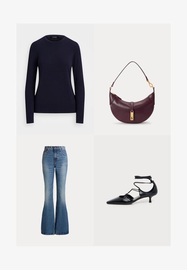 Pull en maille bleu marine avec col rond, manches longues, poignets et ourlet côtelés, présentant une texture lisse et un design ajusté.; Jean en denim bleu taille haute avec jambes évasées et légère décoloration sur la partie avant des cuisses, présenté sur fond blanc.; Chaussure noire à bout pointu et talon kitten avec brides autour de la cheville et détails découpés sur les côtés, présentée sur un fond uni clair.; Petit sac à bandoulière en cuir violet foncé avec fermeture éclair dorée et étiquette logo rectangulaire dorée sur la sangle avant.