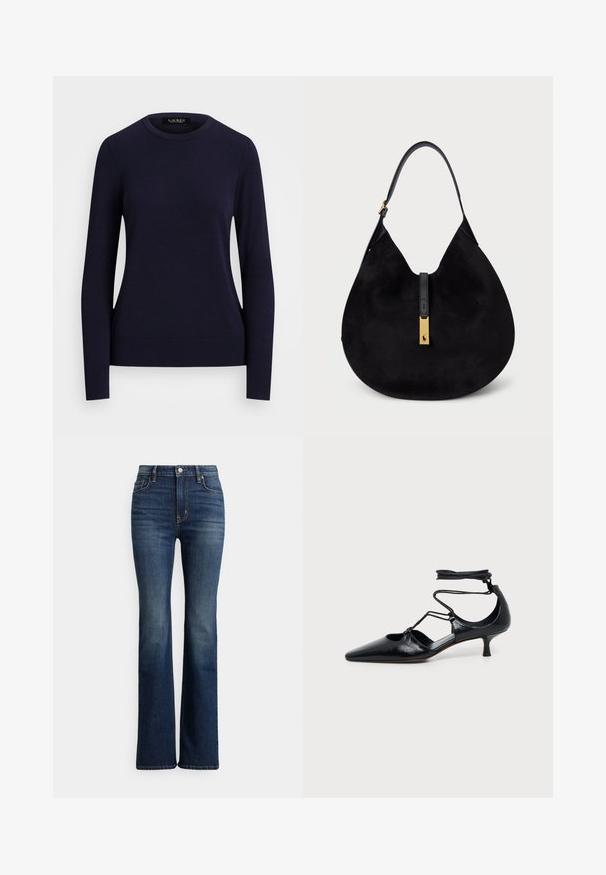 Marineblå strikket sweater med rund hals, lange ærmer, ribbede manchetter og kant, der har en glat tekstur og tætsiddende design.; Mørkeblå højhælede bootcut-jeans med høj talje, forreste knap og lommer, let falmede områder på lår og knæ, vist på hvid baggrund.; Sort spids kitten heel sko med ankelstropper og udskæringsdetaljer på siderne, vist på en ensfarvet lys baggrund.; Sort ruskinds skuldertaske med en buet form, et glat læderrem og en guldfarvet detalje. Simpelt design med minimale hardware detaljer.
