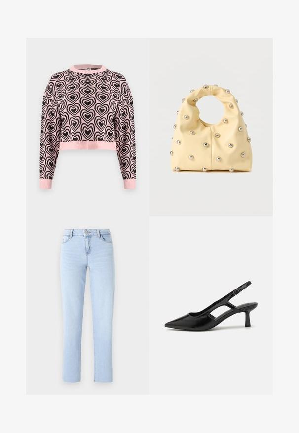 Lyserød cropped sweater med sort hjerteprint, ribbet rund halsudskæring og manchetter. Materialet ser blødt ud med en tekstureret overflade.; Lyseblå lige ben jeans lavet af denim, med en standard talje, fem lommer og subtile sømdetaljer.; Sorte slingback hæle med spidse tæer, lavet af blankt materiale, med udskæringsdetaljer og en moderat hæl for støtte.; Blød gul håndtaske med cirkulært håndtag, dekoreret med jævnt fordelte små sølvfarvede metalknopper på en glat overflade.