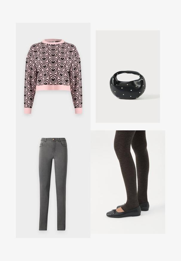 Lyserød cropped sweater med sort hjerteprint, ribbet rund halsudskæring og manchetter. Materialet ser blødt ud med en tekstureret overflade.; Grå denim skinny jeans med en tætsiddende pasform, fem lomme stil og en enkelt metalknaplukning i taljen.; Ben iført mørke ribbede leggings kombineret med sorte balletsko med små sløjfedetaljer på hvid baggrund.; Sort læderhåndtaske med en rundet form, dekoreret med sølvnitter, og et kort håndtag. Glat tekstur og lynlåslukning.