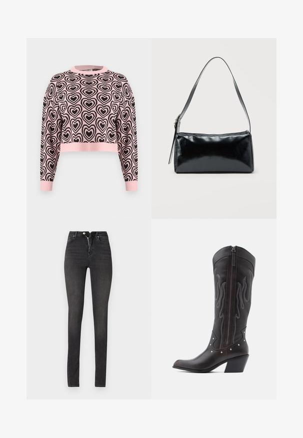 Suéter corto rosa con un patrón de corazones negros, cuello redondo acanalado y puños. El material parece suave con un acabado texturizado.; Jeans skinny negros de talle alto, hechos de denim, con cierre de cremallera, diseño de cinco bolsillos y textura suave con leve desvanecimiento.; Botas de cowboy de cuero marrón con costuras en forma de llama, cremallera lateral, tachuelas plateadas, punta puntiaguda y tacón apilado.; Bolso de hombro rectangular negro con una correa ajustable y un cierre de cremallera superior sobre un fondo liso.