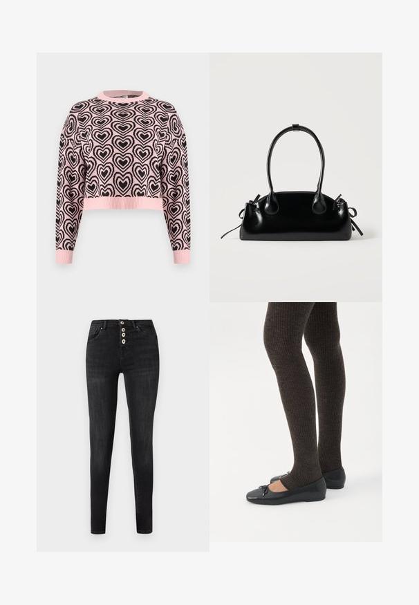 Suéter corto rosa con un patrón de corazones negros, cuello redondo acanalado y puños. El material parece suave con un acabado texturizado.; Vaqueros skinny negros de talle alto con cuatro botones blancos visibles y bolsillos delanteros, mostrados sobre un fondo liso gris claro.; Piernas con leggings oscuros acanalados combinados con bailarinas negras que presentan pequeños detalles de lazo sobre un fondo blanco.; Pequeño bolso negro brillante con dos asas largas y detalles de cordón lateral sobre un fondo claro liso.
